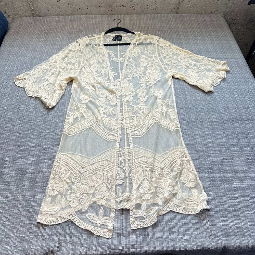 Romantic Lace Embroidered Kimono Cardigan Small Sheer Cream Boho Cottagecore